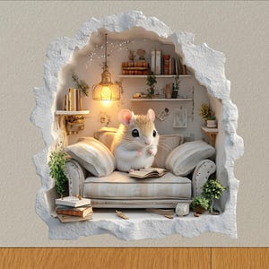 Può includere: Un'illustrazione stravagante di un topo in un salotto in miniatura. Il topo è seduto su un piccolo divano, che legge un libro sotto una luce calda. La scena è ambientata all'interno di un'apertura nel muro, completa di librerie ed elementi decorativi.