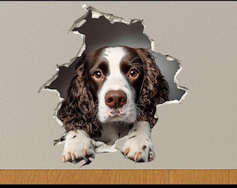 Gluren Engelse springerspaniël hond muurgat sticker 3D huisdierdecor