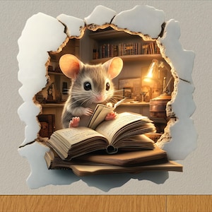 Könnte beinhalten: Eine fantasievolle Illustration einer Maus, die ein Buch liest, durch eine Wandöffnung betrachtet. Die Maus, mit großen Ohren und einem neugierigen Ausdruck, ist von Büchern und einer warmen Bibliotheksumgebung umgeben. Die Szene wird von einer zerbrochenen Wand eingerahmt.