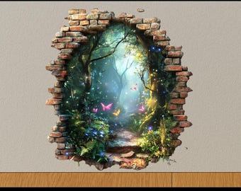 Sticker 3D betoverd bos portaal muurgat sticker fantasie natuur