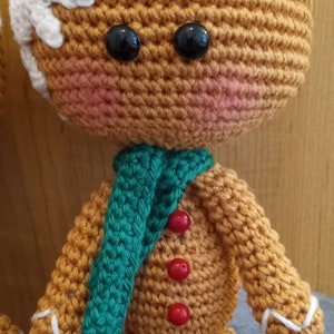 May include: A crocheted gingerbread man doll with white icing, green scarf, and red buttons. The doll is standing on brown shredded paper.