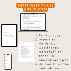 May include: A digital guide titled "The Ultimate Digital Audit Guide" is shown on a tablet screen. The guide is displayed on a laptop screen, a tablet, and a smartphone. The image also includes text describing three ways to use the guide: print a copy, import to Notability, Goodnotes, Noteshelf or other PDF annotation apps, and upload to Adobe and add notes.