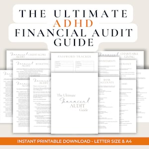 Pode incluir: Um guia imprimível para gerenciar as finanças, intitulado "The Ultimate ADHD Financial Audit Guide". O guia inclui seções para orçamento, pontuação de crédito, investimentos, contas bancárias, dívidas, seguros, doações de caridade e rastreamento de senhas.