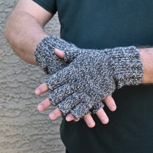 Mens fingerless gloves 100% merino wool speckled black and white knit mittens texting hiking gloves handmade gift Christmas winter holidays image 1