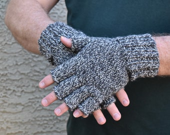 Mens fingerless gloves 100% merino wool speckled black and white knit mittens texting hiking gloves handmade gift Christmas winter holidays
