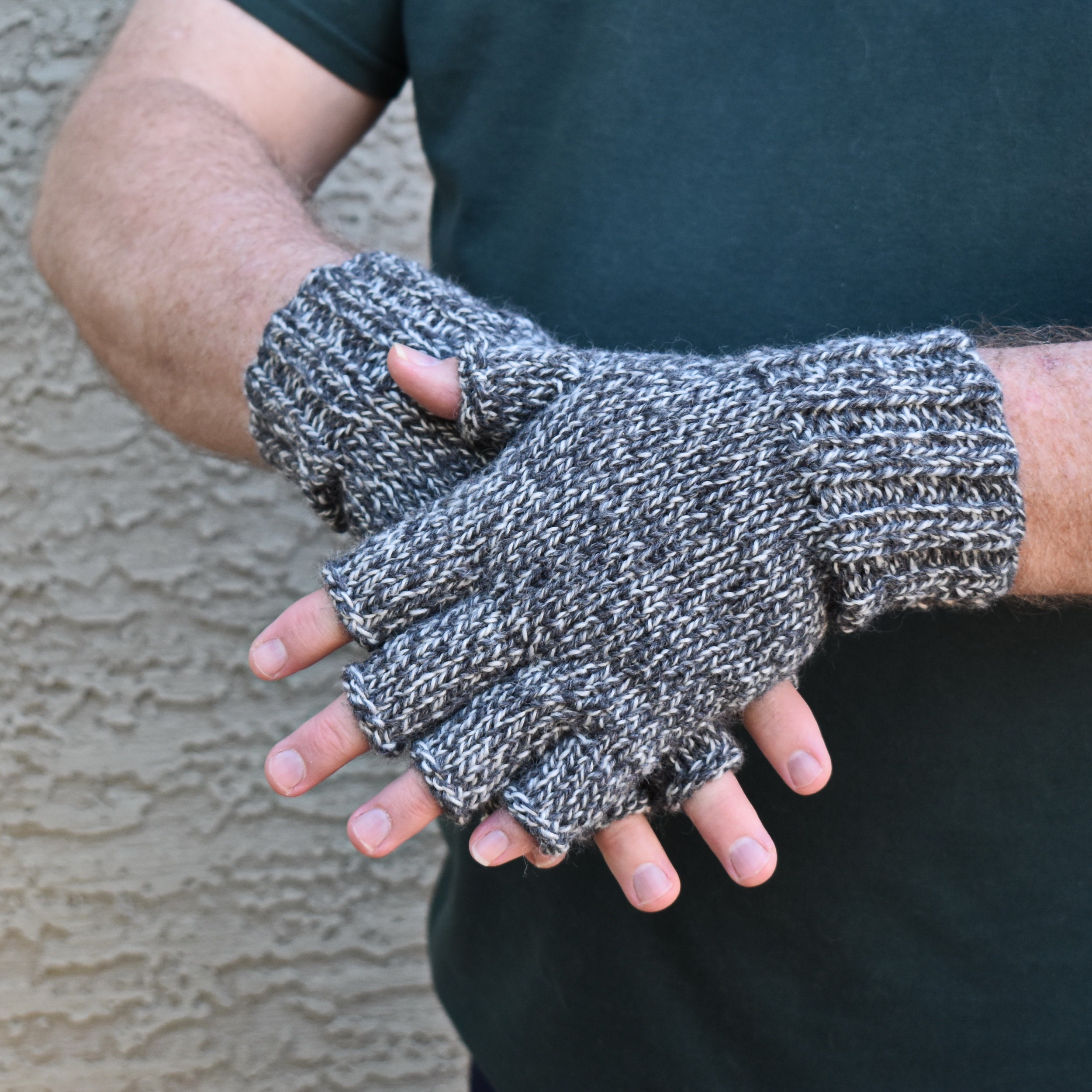 Mens Fingerless Gloves 100% Merino Wool Speckled Black and White Knit Mittens Texting Hiking Gloves Handmade Gift Christmas Winter Holidays