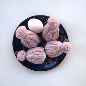 Knitted egg cozy set of 4 light pink knit egg hat with pom pom wool blend yarn handmade Easter decor party decor photo prop small gift image 1