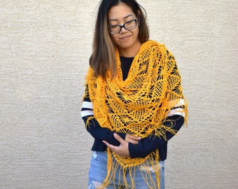 Large crochet lace shawl yellow cotton shawl gift for her summer crochet wrap festivals beach cover up fringe boho bohemian