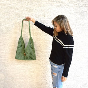 Crochet shoulder bag 100% cotton top handle library bag handmade tote farmers market bag boho sage green spring fashion gift for her image 7