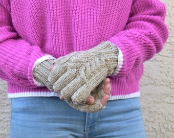 Fingerless gloves women cable knit arm warmers wool mittens texting gloves driving gloves Oatmeal Christmas gift for her winter holidays