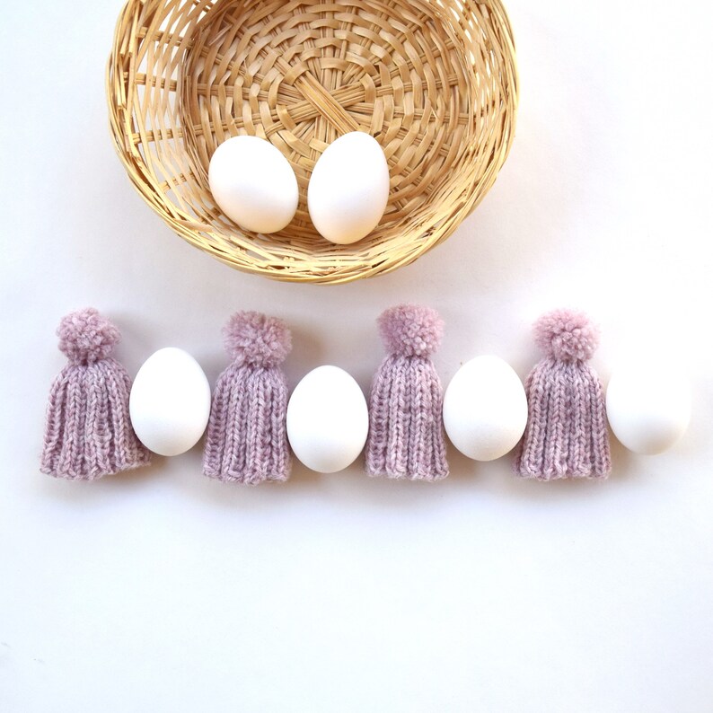 Knitted egg cozy set of 4 light pink knit egg hat with pom pom wool blend yarn handmade Easter decor party decor photo prop small gift image 5