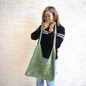 Crochet shoulder bag 100% cotton top handle library bag handmade tote farmers market bag boho sage green spring fashion gift for her image 2