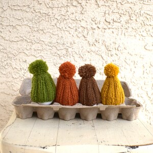Knitted Egg Cozy Pompom Hats - Fall Colors, Set of 4