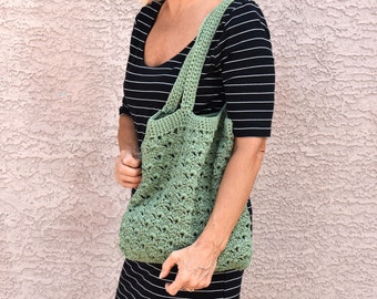 Crochet tote bag shoulder bag 100% cotton avoska handmade bag beach farmers market boho bohemian sage green spring summer autumn fall