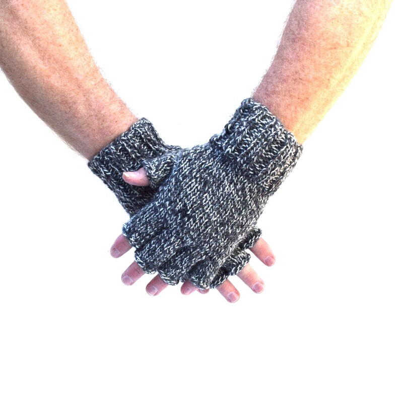 Mens fingerless gloves 100% merino wool speckled black and white knit mittens texting hiking gloves handmade gift Christmas winter holidays image 8