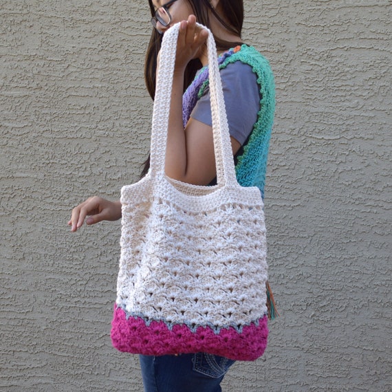 Crochet tote bag shoulder bag 100/% cotton gray teal orange avoska handmade bag beach farmers market boho bohemian bag reusable lined tote