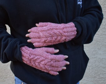 Wool fingerless gloves pink heather cable knit gloves gift for her womans gift spring fall Christmas gift for her womens gloves mitts