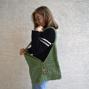 Crochet shoulder bag 100% cotton top handle library bag handmade tote farmers market bag boho sage green spring fashion gift for her image 4