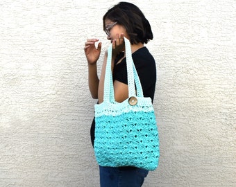 Crochet bag tote shoulder bag 2 shades of blue cotton avoska library bag shopping tote market bag womens purse summer beach tote