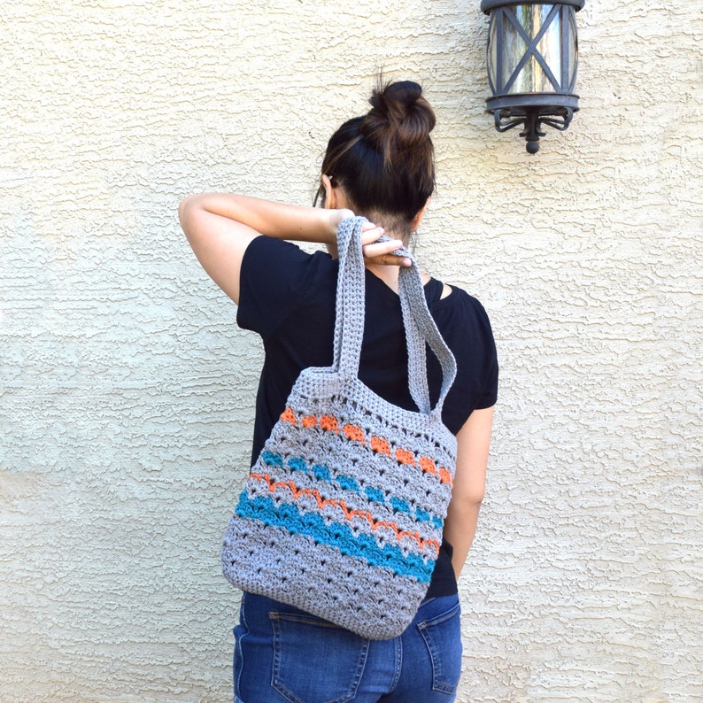 Crochet tote bag shoulder bag 100/% cotton gray teal orange avoska handmade bag beach farmers market boho bohemian bag reusable lined tote