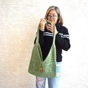 Crochet shoulder bag 100% cotton top handle library bag handmade tote farmers market bag boho sage green spring fashion gift for her image 1