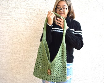 Crochet shoulder bag 100% cotton top handle library bag handmade tote farmers market bag boho sage green spring fashion gift for her