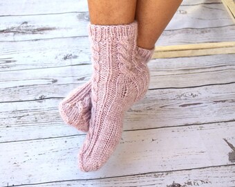 Bed socks hand knitted pale pink cable knit womens socks girls socks gift for her cozy sleep hygge warm socks Christmas stocking stuffer