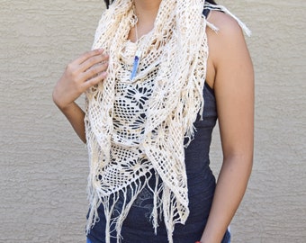 Large crochet lace shawl cream ivory cotton shawl gift for her summer crochet wrap festivals beach cover up fringe boho bohemian