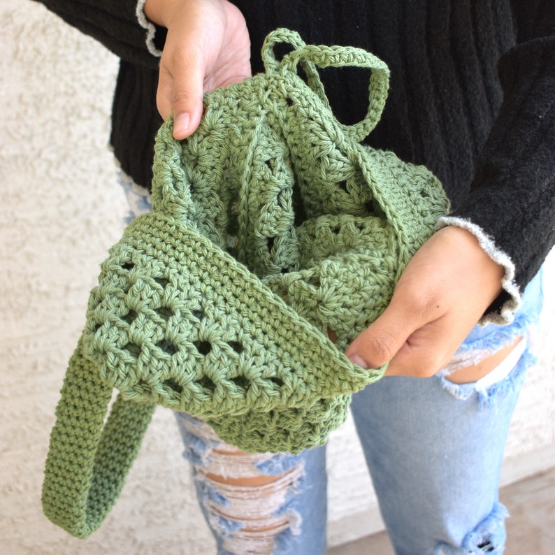 Crochet shoulder bag 100% cotton top handle library bag handmade tote farmers market bag boho sage green spring fashion gift for her image 8