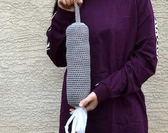 Crochet Plastic Bag Holder: Gray Kitchen Organizer, Hanging Bag Dispenser