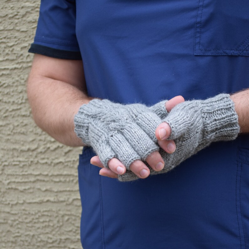 Men's Fingerless Gloves Light Gray Wool Cable Knit Mans Etsy