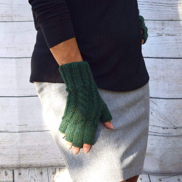 Knit fingerless gloves dark green womens gloves gift for her holidays Chrismas gift under 40 girlfriend gloves warm gloves deep evergreen