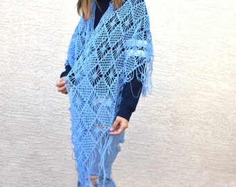 Large crochet lace shawl sky blue cotton shawl gift for her summer crochet wrap festivals beach cover up fringe boho bohemian