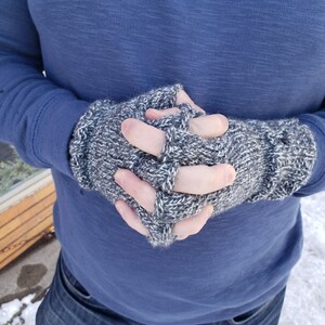 Mens fingerless gloves 100% merino wool speckled black and white knit mittens texting hiking gloves handmade gift Christmas winter holidays image 5