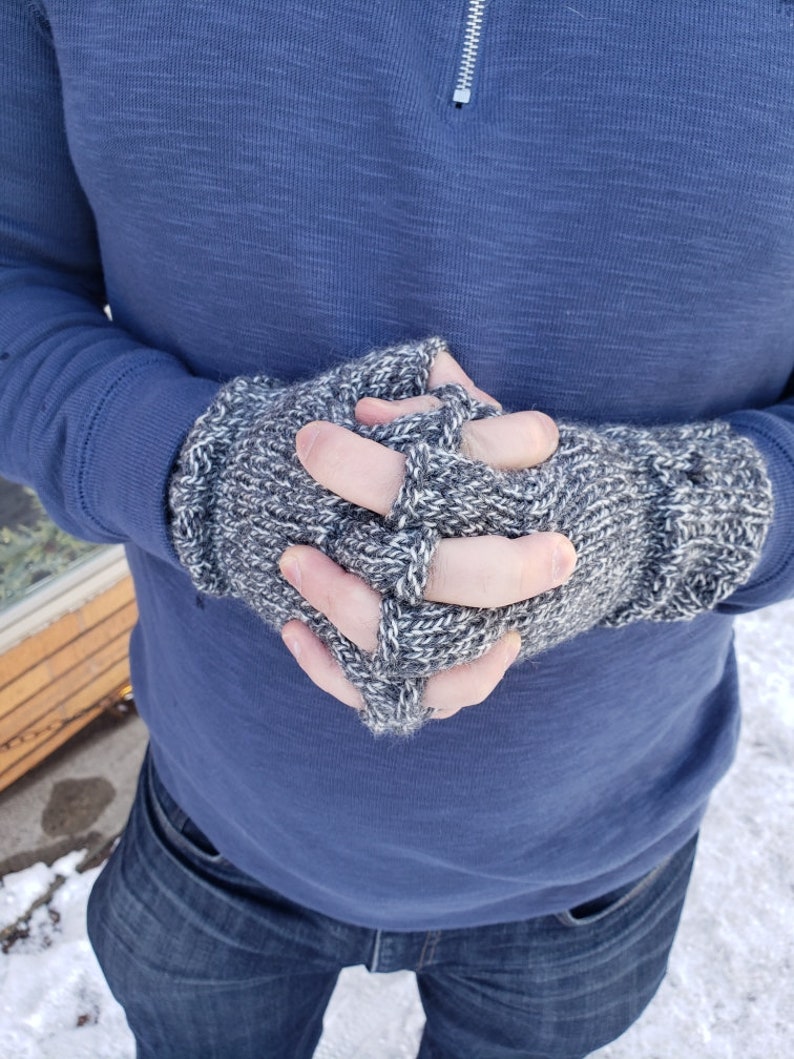 Mens fingerless gloves 100% merino wool speckled black and white knit mittens texting hiking gloves handmade gift Christmas winter holidays image 5