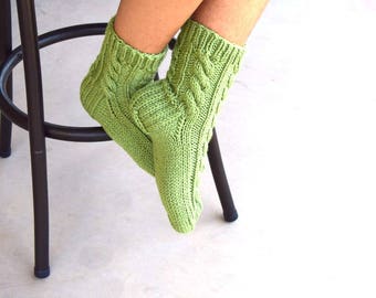Hand knit socks cable knit bed socks green winter burr basket womens socks gift for her handmade birthday Christmas gift under 35 warm socks