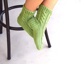 Hand knit socks cable knit socks bed socks light green womens socks gift for her handmade birthday Christmas gift under 35 warm socks