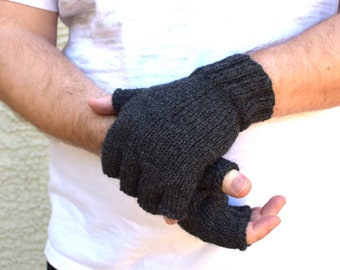 Mens fingerless gloves charcoal gray wool mittens gift for him mens accessories urban style fashion knitted gloves trendy gift for man