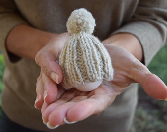 Knitted egg hat with pompom set of 4 egg cozy oatmeal womans gift Easter table decor Christmas stocking stuffer hostess gift small gift