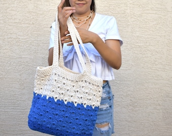 Crochet tote bag royal blue off white shoulder bag avoska eco friendly handmade beach bag farmers market boho summer tote gift for her