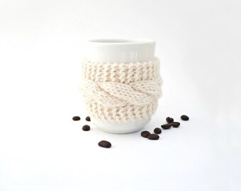Reusable cup cozy hand knit mug cozy cream white caramel brown button cable knit gift for friend Christmas gift under 15 stocking stuffer