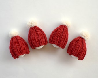 Knitted egg hat set of 4 wool egg cozy red white pompom Christmas stocking stuffer hostess gift small gift winter holidays gift under 35