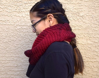 Knit cowl infinity scarf black cranberry tones multicolor gift for her womans scarf gift for friend wool acrylic warm scarf