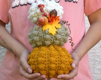 3 tier pumpkin stack crochet pumpkin arrangement faux leaves acorns berries Fall mantel decor Harvest Thanksgiving seasonal welcome decor