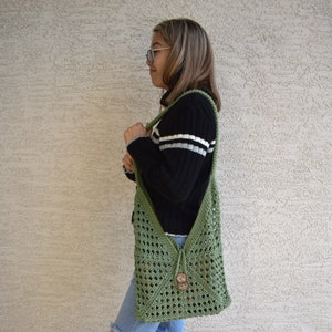 Crochet shoulder bag 100% cotton top handle library bag handmade tote farmers market bag boho sage green spring fashion gift for her image 10