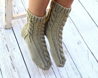 Hand knit socks cable knit socks bed socks light olive khaki neutral color cottage chic womens socks gift for her hygge socks Mothers Day
