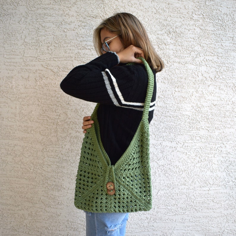 Crochet shoulder bag 100% cotton top handle library bag handmade tote farmers market bag boho sage green spring fashion gift for her image 5