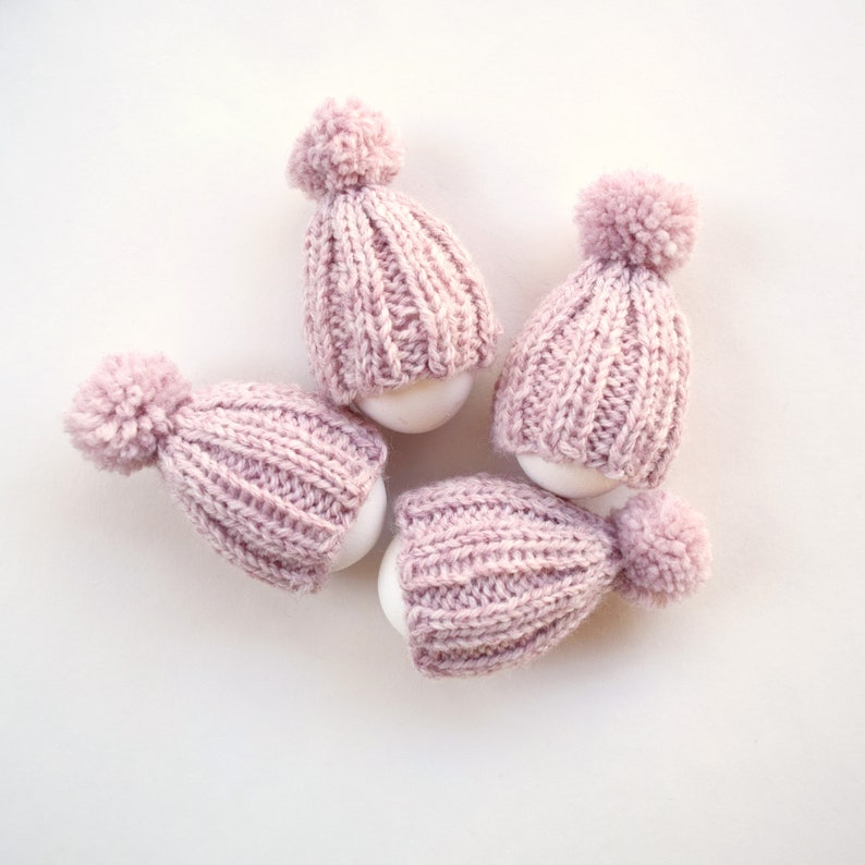 Knitted egg cozy set of 4 light pink knit egg hat with pom pom wool blend yarn handmade Easter decor party decor photo prop small gift image 4