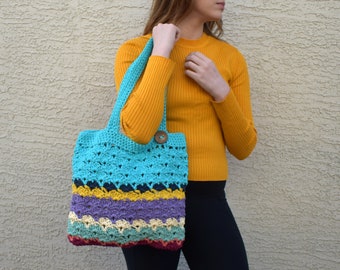 Summer beach tote crochet bag cotton reusable shopping bag avoska handmade bag boho bag bohemian bag womens bag multicolor