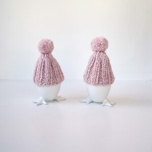 Knitted egg cozy set of 4 light pink knit egg hat with pom pom wool blend yarn handmade Easter decor party decor photo prop small gift image 8